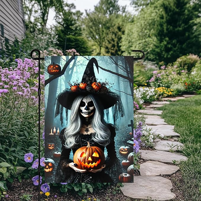 Halloween Garden Flag 12x18 Inch Gothic Witch Holding Pumpkin Scary Skeleton Woman Yard Banner Spooky Outdoor Halloween Decoration for Porch Lawn Graveyard