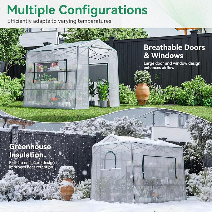 Joyside 8 x 6 FT Outdoor Pop up Greenhouse with Adjutable Reinforced Frame, Durable PE Cover and Mesh Windows, Portable Greenhouse for All Seasons, Easy Set Up (White, 8 x 6 FT)