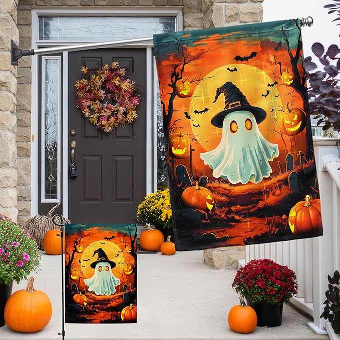 FLAGWIX Halloween Decorations Outdoor Flag - Boo Flags for Outside 11.5"x17.5" - Outdoor Halloween Ghost decorationsfor for Yard Garden Porch, Holiday Gifts for Women Men