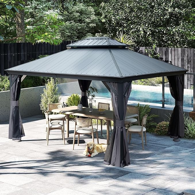 Outdoor Hardtop Gazebo for Patio 10x12FT with Resin-Galvanized Steel Roof, Metal Hard Top Gazebo with Gutters, Heavy Duty Gazebos All Season with Curtains & Netting, for Deck, Backyard, Hot Tub