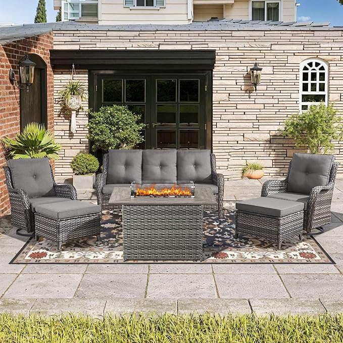 Wicker Outdoor Conversation Se with 50,000 BTU Gas Propane Fire Pit Tablet-6 Pieces Outdoor Wicker High Back Couch Patio Furniture for Deck Poolside Backyard