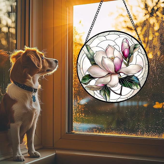 Stained Glass Window Hanging - Pink Magnolia Flower Petal Suncatcher for Doors Window Home Sun Catchers Decor Christmas Mother's Day Birthday Gifts for Teacher Women Men Mom Nana 6.3 in