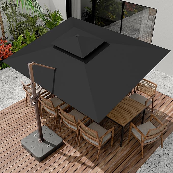 10 X 13 FT Cantilever Outdoor Patio Umbrella with Base Included Large Heavy Duty 360° Rotation Double Top Offset Rectangular Umbrellas with Led Lights for Backyard Outside Deck, Black