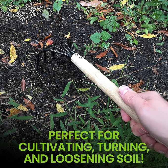 Garden Guru Hand Rake Cultivator Claw Soil Tiller - Military Grade Steel - Rust Resistant - 5 Tine Japanese Ninja Claw - Comfortable Wood Handle - Perfect Pulverized and Aerated Soil (2 Pack)