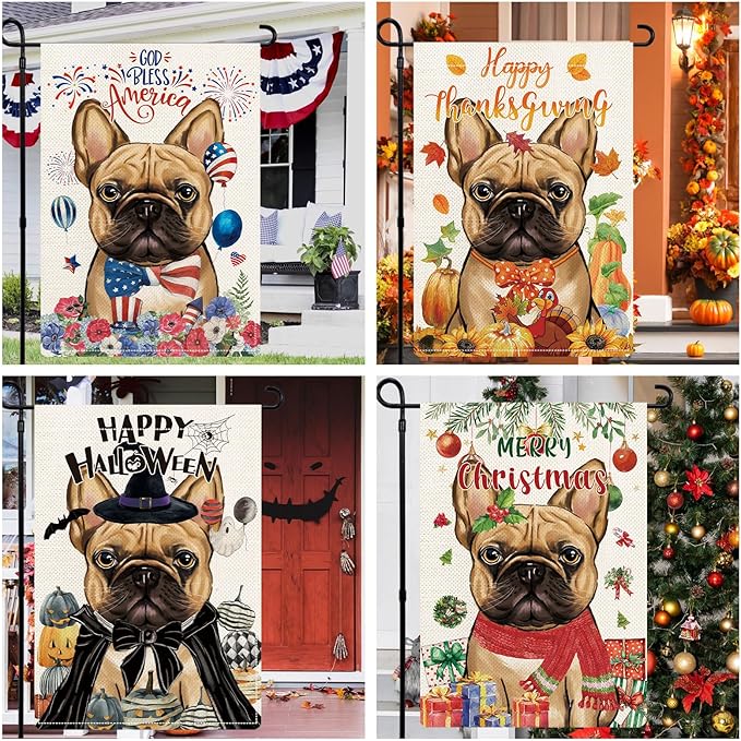 French Bulldog Garden Flags for Outside Set of 12, Dog Welcome Garden Flags 12x18 Double Sided for All Seasons and Holidays, Spring Summer Yard Lawn Flag for Pet Lover, French Bulldog Decor