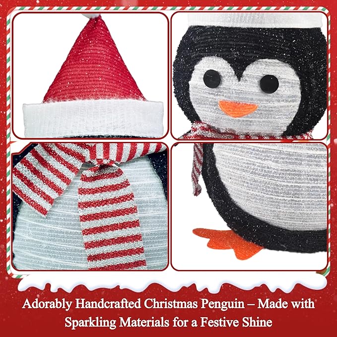 Lighted Christmas Penguin Decoration – Foldable & Collapsible Metal Frame, Battery Powered Waterproof Yard Ornament for Indoor & Outdoor Holiday Décor