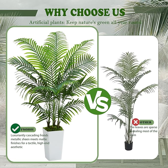 Artificial Palm Tree Artificial Silk Plant Fake Tree with White Tall Planter Faux Tropical Areca Floor Plant in Pot (1, White Tall Planter, 5 FT)