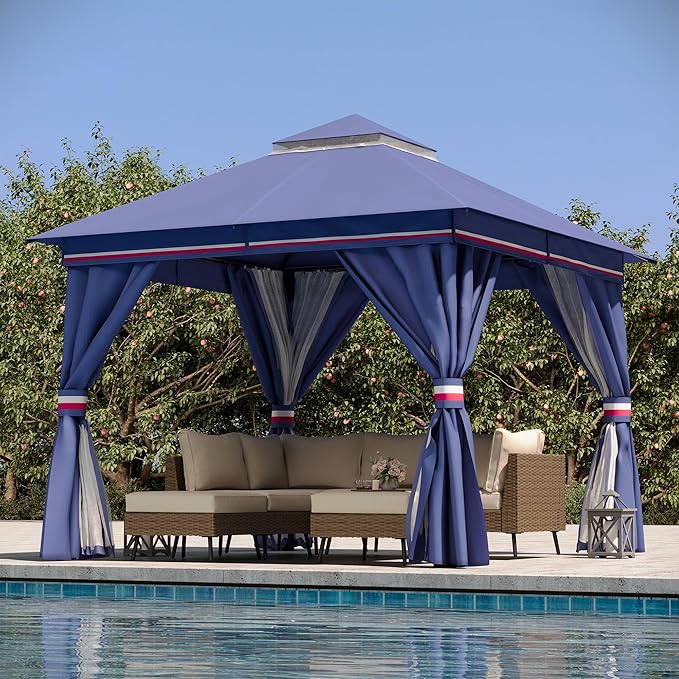 Outdoor Patio Gazebo 10FT, Heavy Duty Party Tent & Shelter with 2-Tier Roof and Expansion Bolts, Mosquito Nettings and Privacy Screens for Backyard, Garden, Poolside, Classic Blue