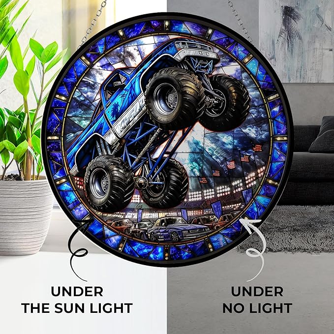 Monster Truck Stained Glass Window Hanging Window Suncatcher 12" Glass Panel with Metal Chain and Hooks Sun Catchers Indoor Wall Art Home Decor Gift for Women Mother's Day