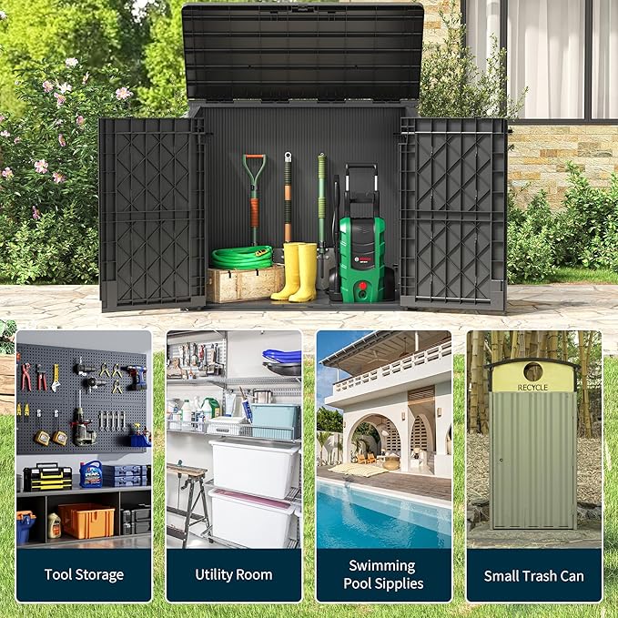 Light Gray Outdoor Resin Storage Shed 36 Cu. Ft. Garden Horizontal Storage Extra Large Capacity Weather Resistant Storage Box, Lockable Resin Waterproof Shed for Garbage Cans, Garden Tools