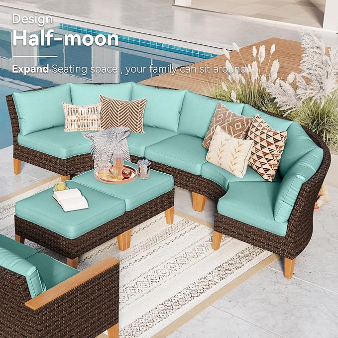 GREEN PARTY 12 Pieces Wicker Patio Furniture Set, All-Weather Outdoor Rattan Half-Moon Curved Patio Sectional Sofa Conversation Set with 4" Thick Cushions for Garden, Backyard, 2 x Ottomans (Blue)