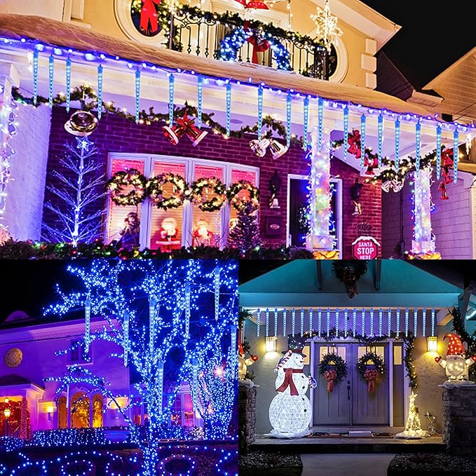 WATERGLIDE Meteor Shower Lights, 12" Outdoor Icicle Christmas Lights 8 Icicles 192 SMD LED Crystal Ice Falling Light, Connectable Raindrop Iciclelight, Xmas Winter Party Tree Holiday Decor, Blue