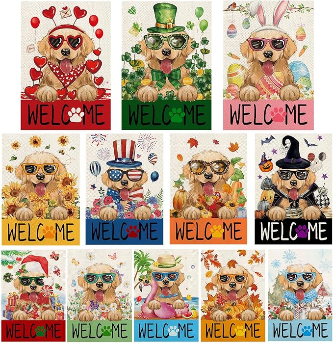 Golden Retriever Garden Flags for Outside Set of 12, Puppy Dog Welcome Garden Flags 12x18 Double Sided for All Seasons and Holidays, Spring Easter Yard Lawn Flags for Farmhouse Outdoor Decor