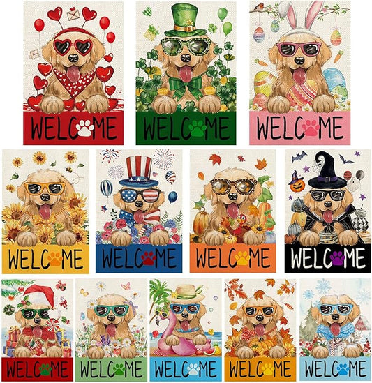 Golden Retriever Garden Flags for Outside Set of 12, Puppy Dog Welcome Garden Flags 12x18 Double Sided for All Seasons and Holidays, Spring Easter Yard Lawn Flags for Farmhouse Outdoor Decor