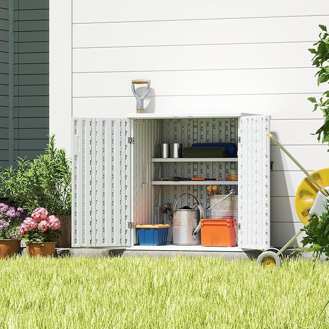 Heavy Duty Small Storage Cabinet Outdoor Weatherproof, 14 Cuft Garage Storage Cabinet with 2 Adjustable Shelves, Lockable Kitchen Pantry Closer Organizer, 31Wx23Lx34H, Polar White