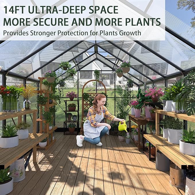Greenhouses for Outdoors, 8x14.2 FT Polycarbonate Greenhouses with Adjustable Roof Vent, Aluminum Frame Green Houses for Garden with Sliding Doors, Windproof (8x14.2FT)