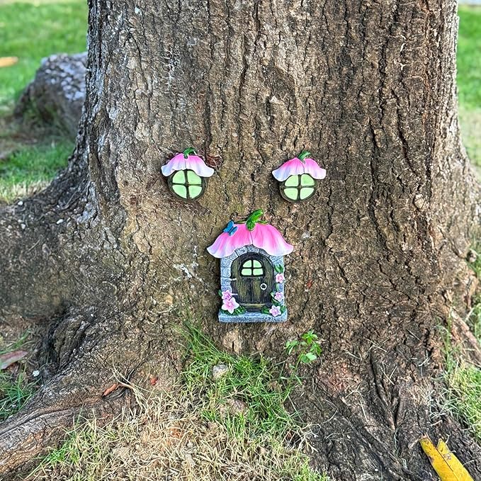 Fairy Garden Door and Windows for Trees,Resin Fairy House Kit,Glowing in The Dark,Miniature Accessories for Tree Stump, Outdoor Yard, Lawn, and Garden Decor.