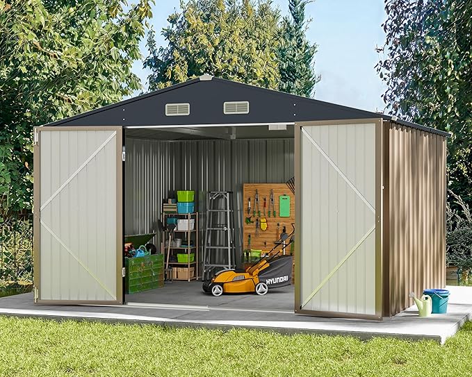 Greesum Metal Outdoor Storage Shed 10FT x 10FT, Steel Utility Tool Shed Storage House with Door & Lock, Metal Sheds Outdoor Storage for Backyard Garden Patio Lawn (10' x 10'), Brown