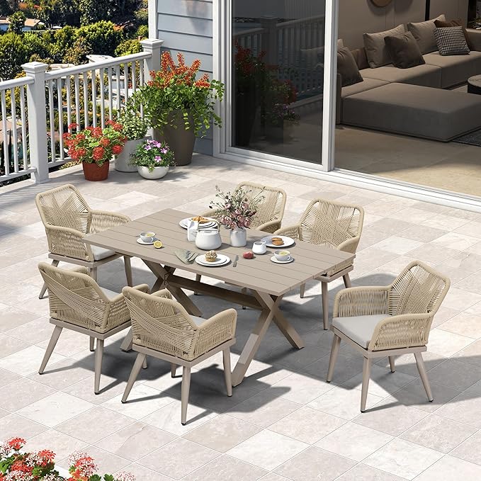 PURPLE LEAF 10' x 12' Outdoor Hardtop Gazebo with 7 Pieces Outdoor Dining Set, Champagne Aluminum Gazebo with Galvanized Steel Double Roof, Curtains and Netting for Patio Lawn and Garden