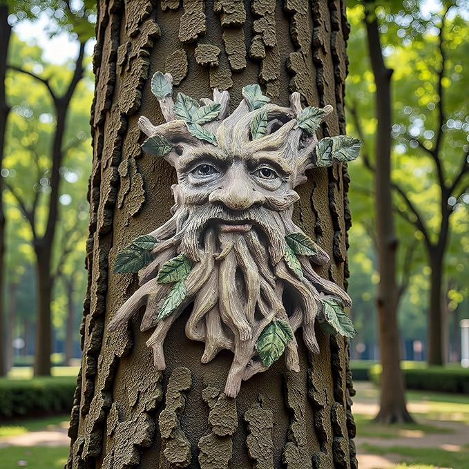 Whimsical Tree Face Garden Decoration ，Tree Faces Decor Outdoor Wallmounted Statue Art with Leaf Features, Outdoor Decor Garden Accessory (Nature and Outdoors)