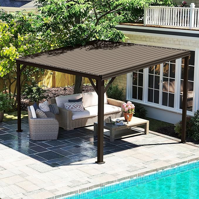 10x10FT Lean to Gazebo, Outdoor Hardtop Wall Mount Gazebo with Gutter & Sloping Galvanized Steel Roof, Metal Hard Top Awnings for Deck, Porch, Backyard- Brown