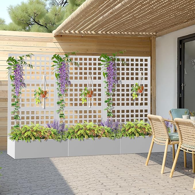 Metal Planter Box with Trellis, Heavy-Duty Raised Garden Bed for Climbing Plants, Drainage Hole, Outdoor Planter Box with Privacy Screen，35''L×16''W×71''H