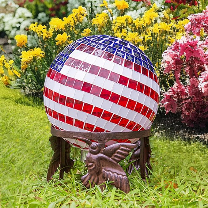 Mosaic Gazing Ball Patriotic Stars and Stripes Glass Globe Colorful Gazing Ball 10 inch for Outdoor Home Garden Yard Patio Decor