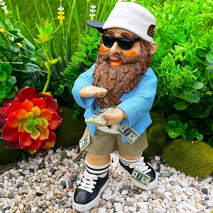 Mood Lab Garden Gnome - Lucky Rich Gnome Statue - 9.25 Inch Tall Lawn Figurine - for Outdoor or House Decor