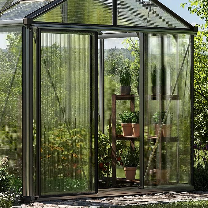 Greenhouse Diamas 24 Premium 7.7 x 15.1 ft with Approx. 16 mm Polycarbonate Panels, Natural Aluminum Color