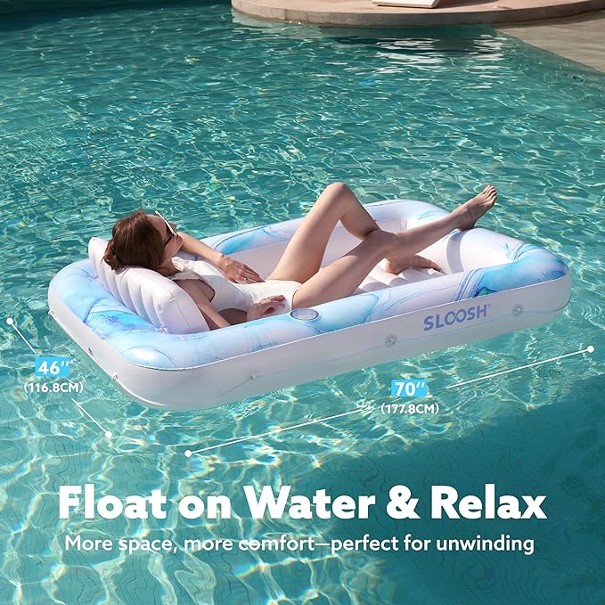 SLOOSH Inflatable Tanning Pool Lounger Float, 70" x 46" Pool Floats Adult with Pillow, 4 in 1 Suntan Tub Raft Floatie,Sunbathing Bed Lounge for Water Blow Up Ball Pit Party Gifts