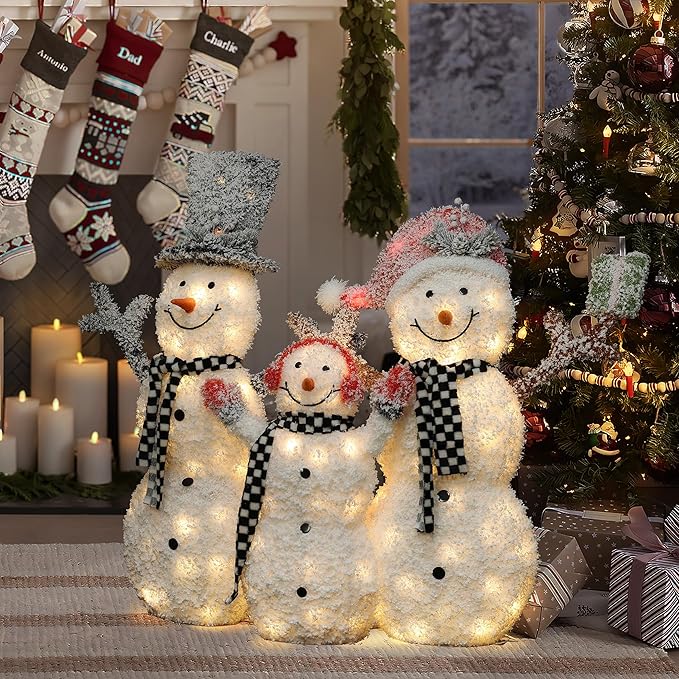 LuxenHome 3.5FT Lighted Snowman Family Outdoor Decorations, Prelit Frosted Snowman with Hat and Scarf, Illuminated Christmas Decorations Indoor and Outdoor for Porch, Lawn, Holiday Yard Decor