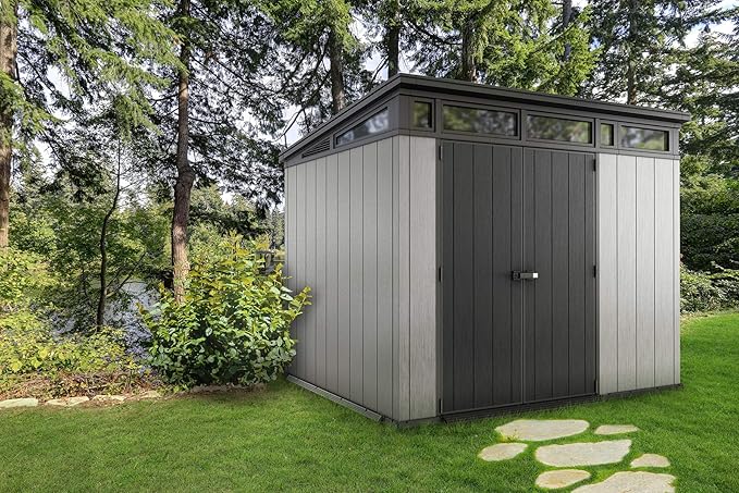 Keter Artisan 9x7 Foot Large Outdoor Shed with Floor with Modern Design for Patio Furniture, Lawn Mower, Tools, and Bike Storage, feet, Grey/Black