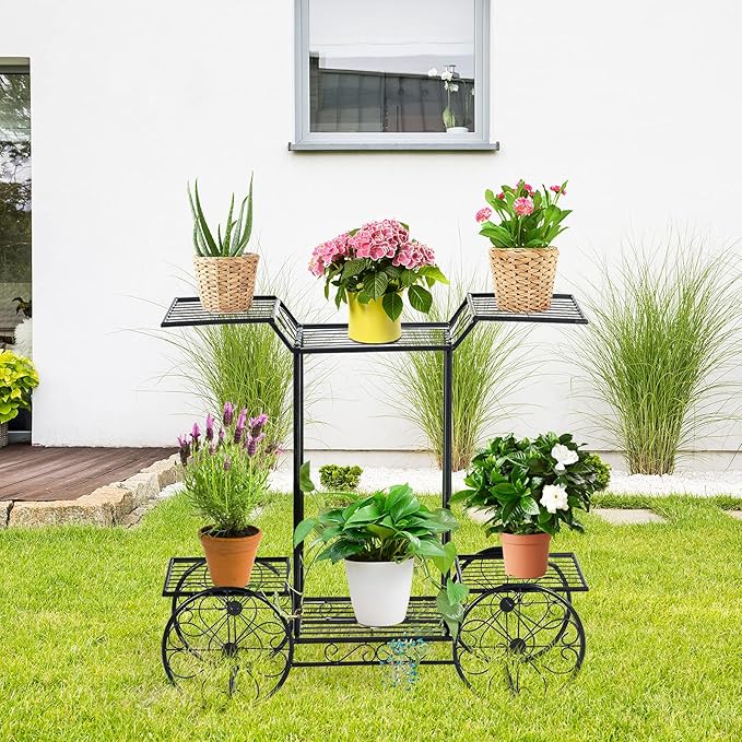 Safstar 6 Tiered Metal Plant Stand w/4 Decorative Wheels, Multilayer Flower Display Shelf for Home, Garden, Patio, Parisian Style Potted Plant Rack Holder
