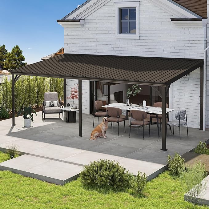 12x20FT Lean to Gazebo, Outdoor Hardtop Wall Mounted Gazebo with Gutter & Sloping Galvanized Steel Roof, Metal Hard Top Awnings for Deck, Porch, Backyard -Brown