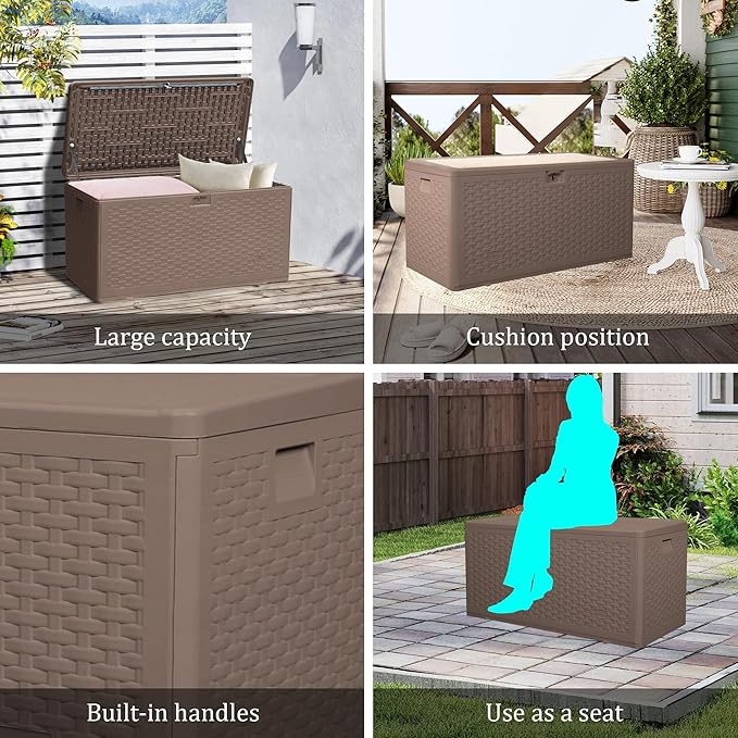 73 Gallon Outdoor Storage Box - Waterproof Resin Deck Box for Patio, Pool & Garden, Lockable Outdoor Cushion Storage & Delivery Boxes for Outside, UV-Resistant, Rich Brown
