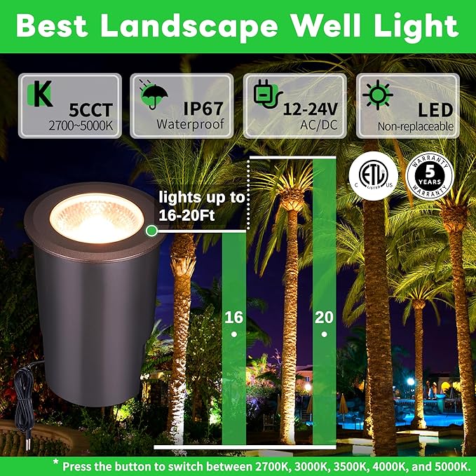 Low Voltage Inground Landscape Lights - Soft White & Bright White 5 Selectable Colors Well Light, Outdoor LED Flush in-Grade Fixture, ORB Aluminum for Floor Tree Yard 9W 700LM 10 Pack