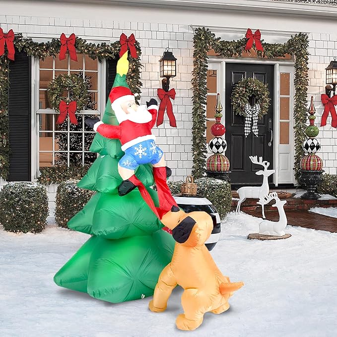 Dearsun 6.5FT H Christmas Inflatable Tree with Build-in LED Lights, Funny Inflatable Dog Chasing Santa Claus,Blow Up Christmas Outdoor Decor Giant Yard Party Decoration (Santa Claus Chased by Dog)