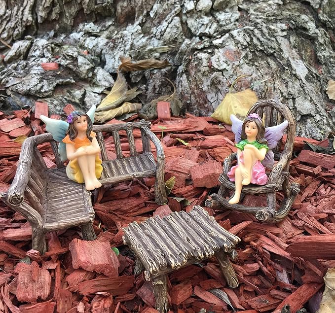GlitZGlam Miniature Fairy Garden Furniture 3-Piece: Rustic Wood Bench, Rocking Chair and Miniature Table for The Garden Fairies