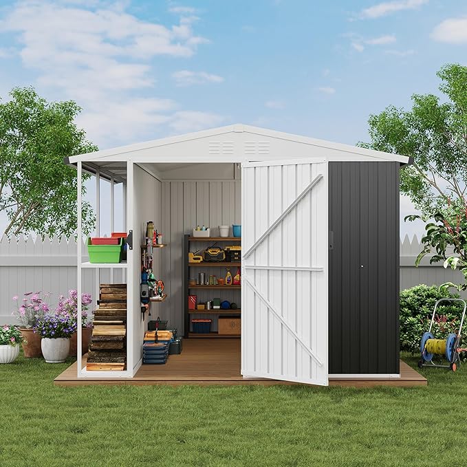 8X10 FT Large Metal Outdoor Storage Shed, Galvanized Steel Garden Tool Shed with Lockable Double Doors & Ventilation for Bicycles, Tools, Lawnmowers, Backyards, Patios, Lawns, Brown