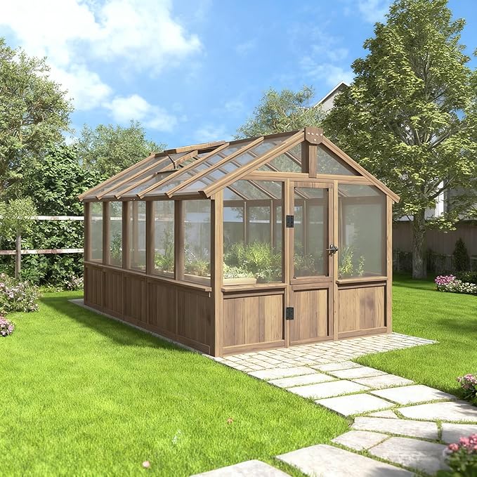 Greenhouse for Outdoor, 6x8ft-8x12ft Wooden WAK-in Greenhouse Kitwith 6MM Thick Polycarbonate Panel, Lockable Door & Adjustable Roof Vent ，Backyard Garden ﻿ (Light Mocha Brown, 6x10 FT)