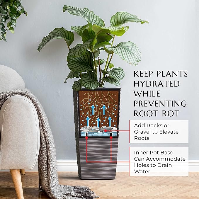 Mueller M-Resin Heavy Duty Tall Planter, Indoor/Outdoor Grande Plant, Tree, Flower Pot, 2-Piece Set, 18”, Modern Design, Built-in Drainage, Mocha