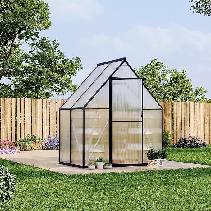 6X4 ft Polycarbonate Greenhouse with Aluminum Frame, Polycarbonate Greenhouse for Outdoors, Greenhouses with Ventilation and Rain Gutter, Aluminum Large Walk-in Greenhouses for Outside