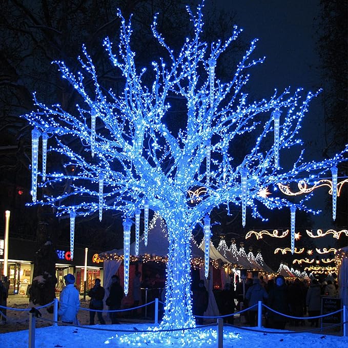 WATERGLIDE Meteor Shower Lights, 12" Outdoor Icicle Christmas Lights 8 Icicles 192 SMD LED Crystal Ice Falling Light, Connectable Raindrop Iciclelight, Xmas Winter Party Tree Holiday Decor, Blue