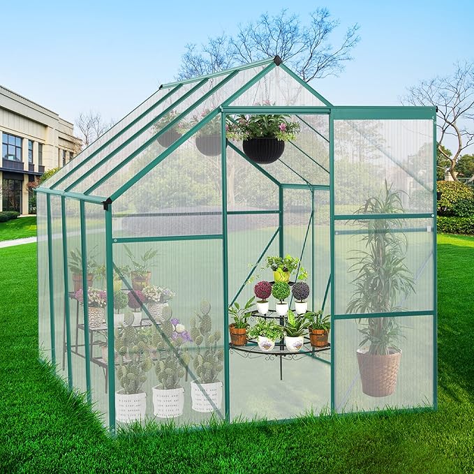6x8 FT Polycarbonate Walk-in Greenhouses,Heavy Duty Hobby Green House,Storage Shed with Sliding Doors & Adjustable Roof Vent,Aluminum Sunroom Hot Houses for Outdoor Garden Backyard