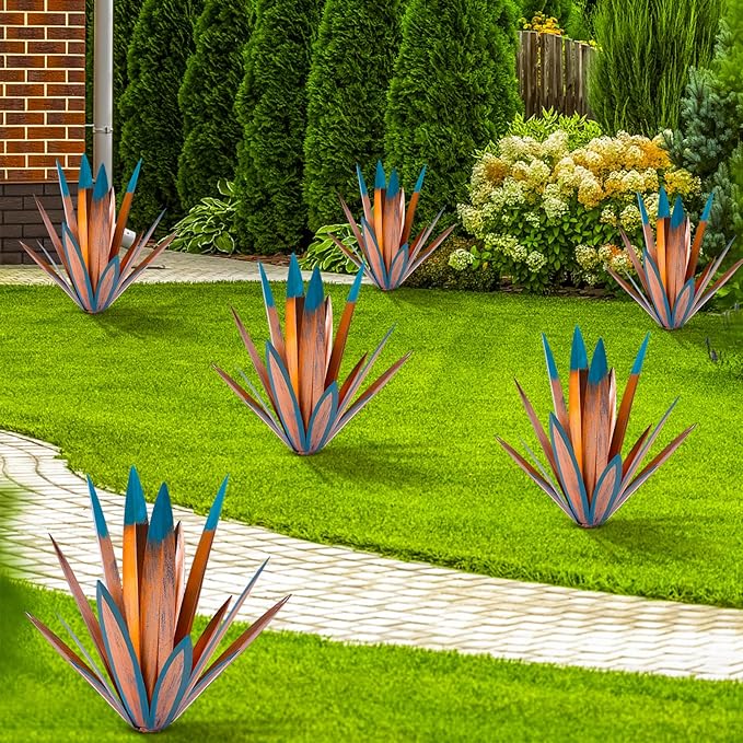 TOMBABY Large Leaf Thickened Metal Agave Plant Outdoor Decoration Desert Courtyard Art Plant Garden Decoration Outdoor Metal Art Floral Gift (1, Blue)