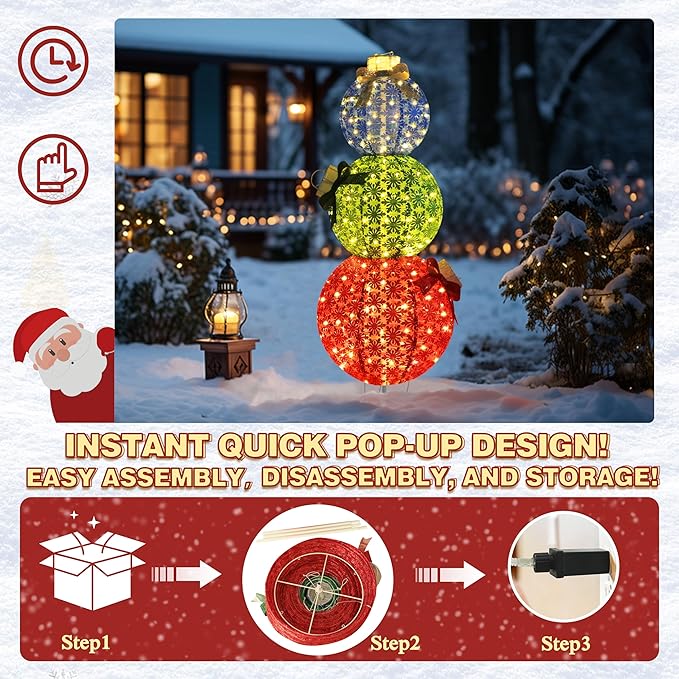 VEIKOU 5 FT Pop-Up Lighted Stacked Christmas Ornaments with 210 Warm White LED Lights & 4 Ground Stakes, Collapsible Christmas Light Ornaments for Backyard, Lawn, Garden