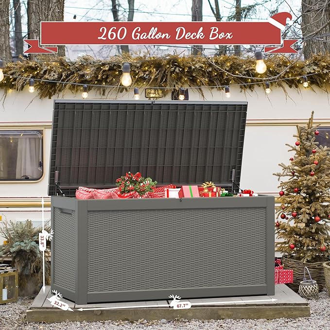 NUNU LAB 260 Gallon Outdoor Storage Box, Large Resin Deck Box with Double Wall Panels, Waterproof Patio Storage Bin for Garden Tools, Pool Accessories, Package Deliveries & Outdoor Gear,Grey
