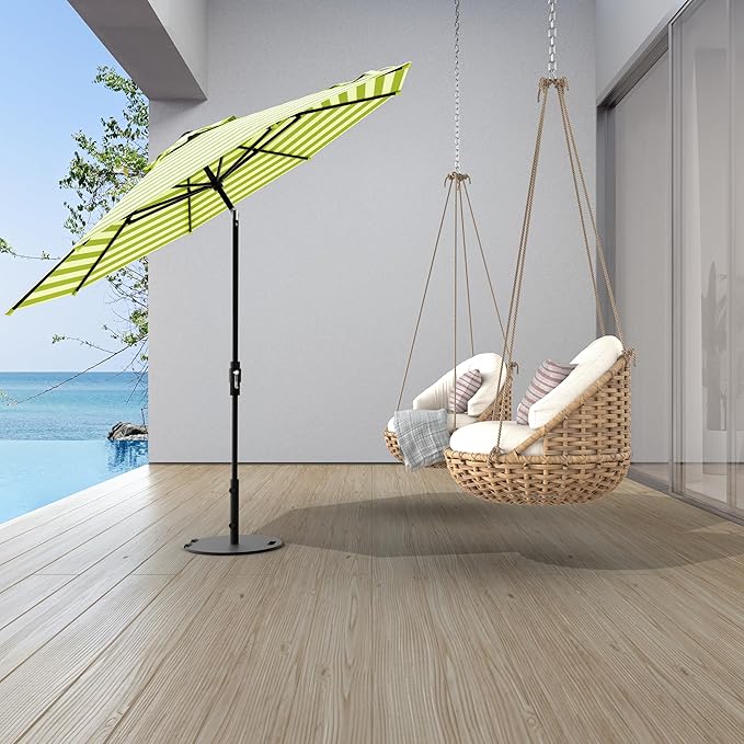 Midtown Umbrellas The Swilt 10 Feet Patio Umbrella in Terylast Pear Stripes (Green/White) Polyester Fabric - Fiberglass Ribs, Auto-Tilt Aluminum Frame For Backyard, Deck, Garden, Pool - White Pole