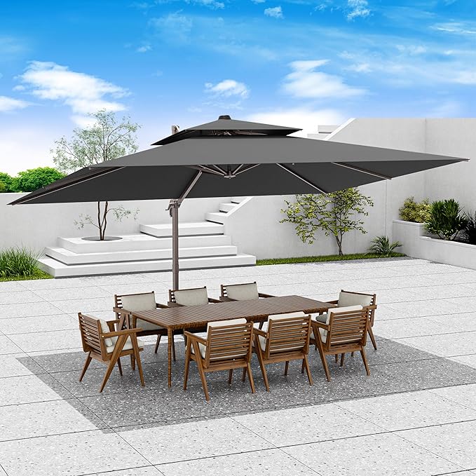 9x12 FT Patio Umbrella, Large Cantilever Rectangular Double Top Heavy Duty Offset Umbrellas with 360° Rotation, Outdoor shade for Garden Deck Pool, Gray
