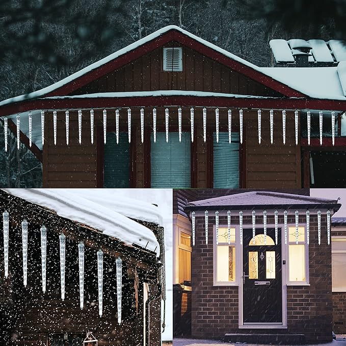 WATERGLIDE Meteor Shower Lights, 12" Outdoor Icicle Christmas Lights 8 Icicles 192 SMD LED Crystal Ice Falling Light, Connectable Raindrop Iciclelight, Xmas Winter Party Tree Holiday Decor, White